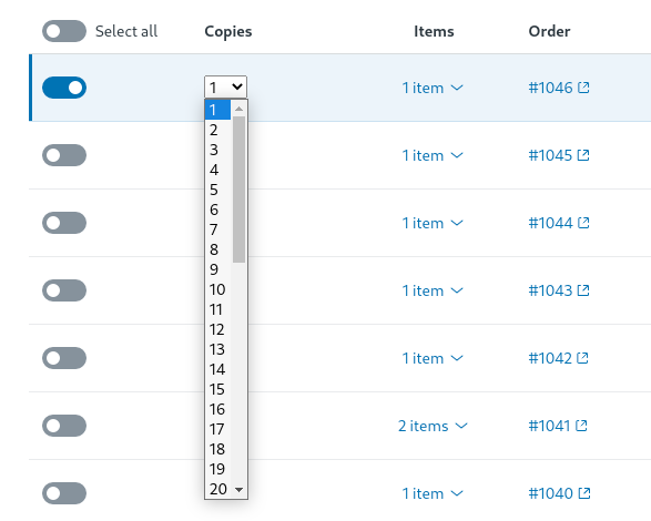 Number of copies Order copies amount